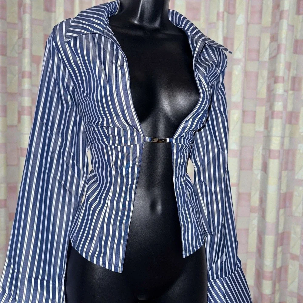 New Large Striped Long Sleeve‎ Top Shirt Flare Y2k 90's Sexy Open Front